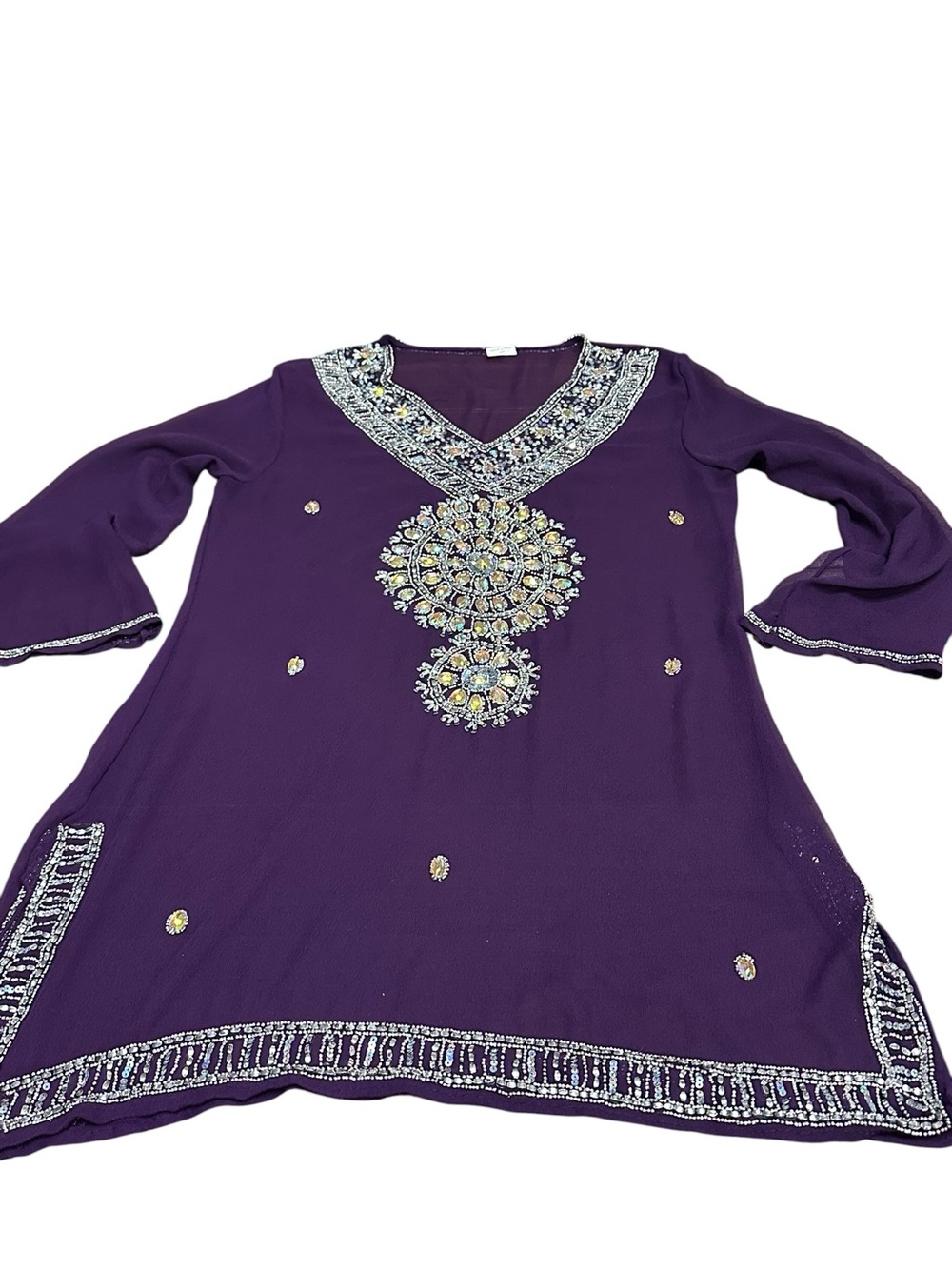 Made in India Embellished Purple Tunic Dress‎ Top 2XL Beaded Sequin Sheer Sleeve - Picture 5 of 14
